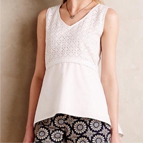 Anthropologie Eyelet Hi Low Empire Waist Blouse by HD in Paris White Size S - Picture 1 of 9